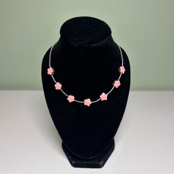 Vintage Y2K pink flower necklace adjustable silver chain fairy costume jewelry - Picture 2 of 4